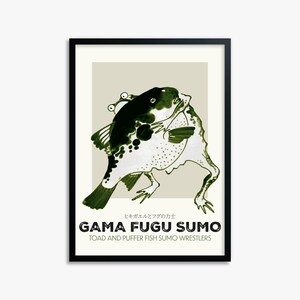 Itō Jakuchū: Zapaśnicy sumo z ropuchą i rozdymką – Streetart-Style, japońska grafika ścienna z ramą