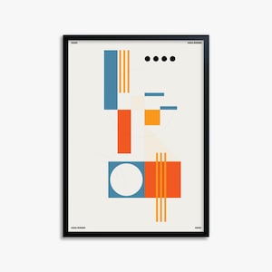 Puede incluir: Impresión artística enmarcada con un diseño geométrico abstracto. La obra de arte incluye formas azules, naranjas y amarillas, líneas verticales y un círculo blanco. Las palabras "2050" y "ASIA RISING" están impresas en el marco.