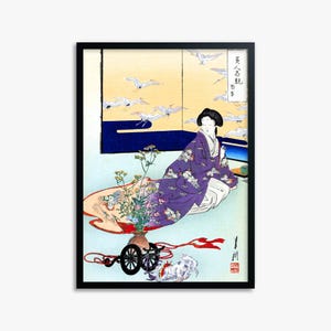 Ogata Gekko: spelende hond met bloemenkar, Japanse kunstreproductieposter met lijst - Japan love