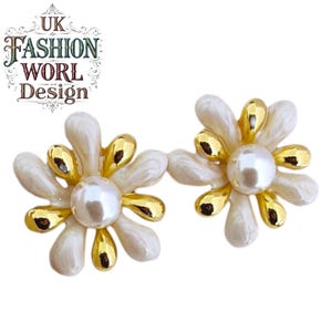 Zinc Alloy White and Gold Enamel Flower Stud Earrings | Lightweight Boho Statement Jewelry | Handmade Gift for Her | Colourful Alloy Dangles