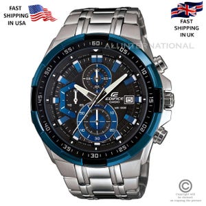 Casio Edifice 539SG Watch, Men&#39;s Chronograph Watch, Stainless Steel & Full Black Watch, Water Resistant, Luxury, Silver Blue Premium Edition