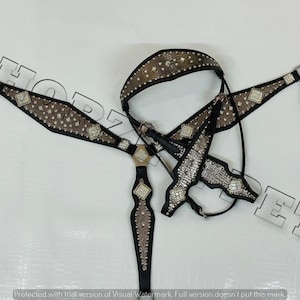 Grey Crocodile Western Leather Headstall Breastcollar and  Bling Tack set for Horse riding