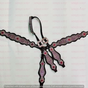 Hot Pink Western Leather Headstall and Breastcollar Bling Tack set for Horse Riding