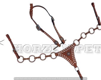 Ring Tack Set Western Leather Headstall And Breast Collar For Horse Riding