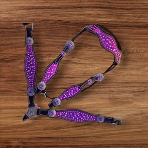 Hot Pink Western leather headstall Breast collar Bling tack set for horse riding
