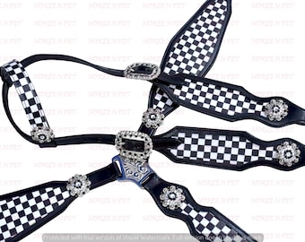 Checkered Tack Set  Black Western  Leather Headstall and Breast Collar