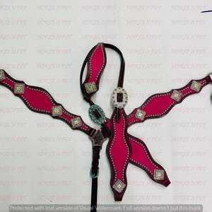 Hot Pink Western Leather Headstall and Breastcollar Bling Tack set for Horse Riding