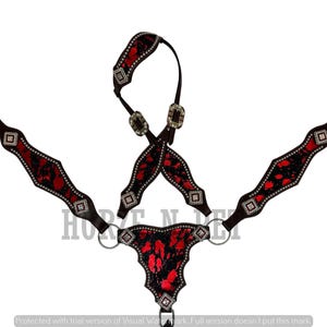 May include: A black and red horse breast collar with silver-tone accents. The breast collar features a red patterned design with silver-tone studs and decorative buckles. The leather straps are black.