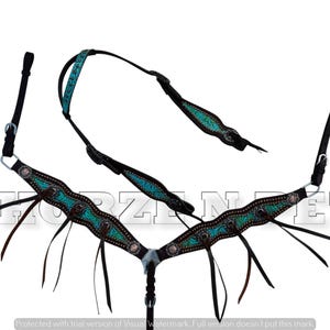 Turqouise Western leather headstal Breast collar and Fringes  tack set for horse riding
