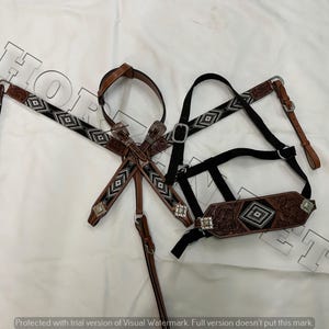 Beaded Western Leather headstall and breast collar Brown tack set for horse riding