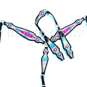 Pink Western Leather Headstall and Breastcollar Bling Tack set for Horse Riding