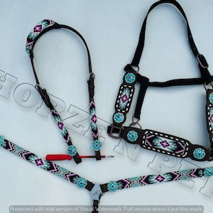 Beaded Western leather headstall and  Breast Collar  Turquoise tack set for horse riding
