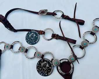 Ring Tack set  Western leather headstall and breast collar for horse riding
