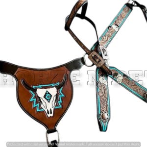 Cowskull Western leather headstall Breast collar Turqouise tack set for horse riding