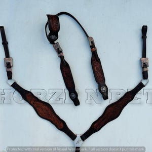 Floral Weastern Leather headstall Breast collar Tooled and Curved  tack set for horse riding