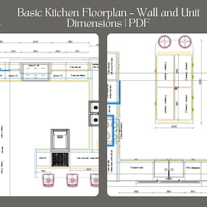 Op de afbeelding: Een gedetailleerd keukenplattegrond met wand- en maateenheden, gepresenteerd in PDF-formaat. Het ontwerp omvat bovenaanzichten en bovenaanzichten, met kasten, apparaten en afmetingen in een technische tekenstijl. Het plan is getiteld "Basic Kitchen Floorplan - Wall and Unit Dimensions".