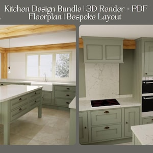 May include: A 3D render of a kitchen design with a bespoke layout. The kitchen features sage green cabinetry, a white countertop, and a large island. The image includes text that reads "Kitchen Design Bundle | 3D Render + PDF Floorplan | Bespoke Layout."