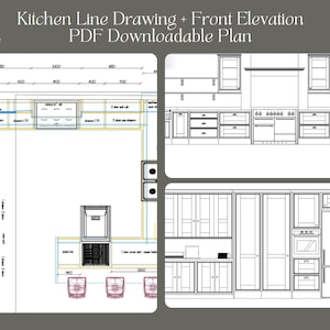 May include: A kitchen design plan with a top-down view and front elevation, labeled "Kitchen Line Drawing + Front Elevation PDF Downloadable Plan." The design includes cabinetry, appliances, and a bar area with stools. The plan is in black and white.
