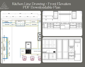 Kitchen Line Zeichnung + Vorderansicht | PDF-herunterladbarer Plan