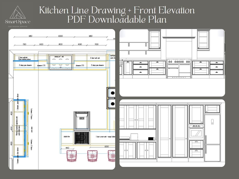 Kitchen Line Drawing + Front Elevation | PDF Downloadable Plan - Etsy