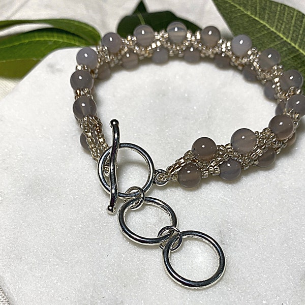 Gray Chalcedony beaded bracelet | adjustable toggle clasp | glass accent seed beads | beadwoven