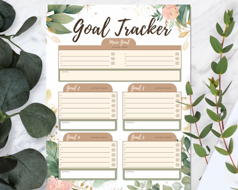 Goal Tracker Printable | One Page PDF | 5 Goals With Action Steps ...