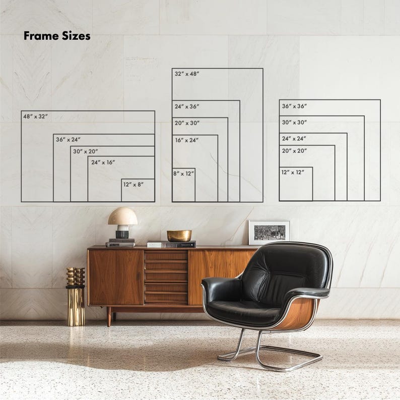 May include: Image showing various frame sizes, including 48" x 32", 36" x 24", and 30" x 20". The text "Frame Sizes" is at the top. The frames are displayed against a neutral wall, with a mid-century modern cabinet and chair in the foreground.