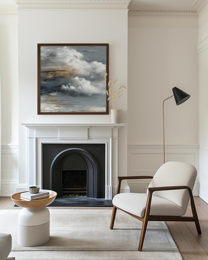 ABSTRACT No. 7. An abstract textured cloudscape canvas painting. The artwork features a blend of gray, white, and brown hues, creating a textured effect. A great compliment to any room featuring boho, japandi, wabi sabi or mid century modern styles. More timeless wall art available at gallerymwandf.etsy.com