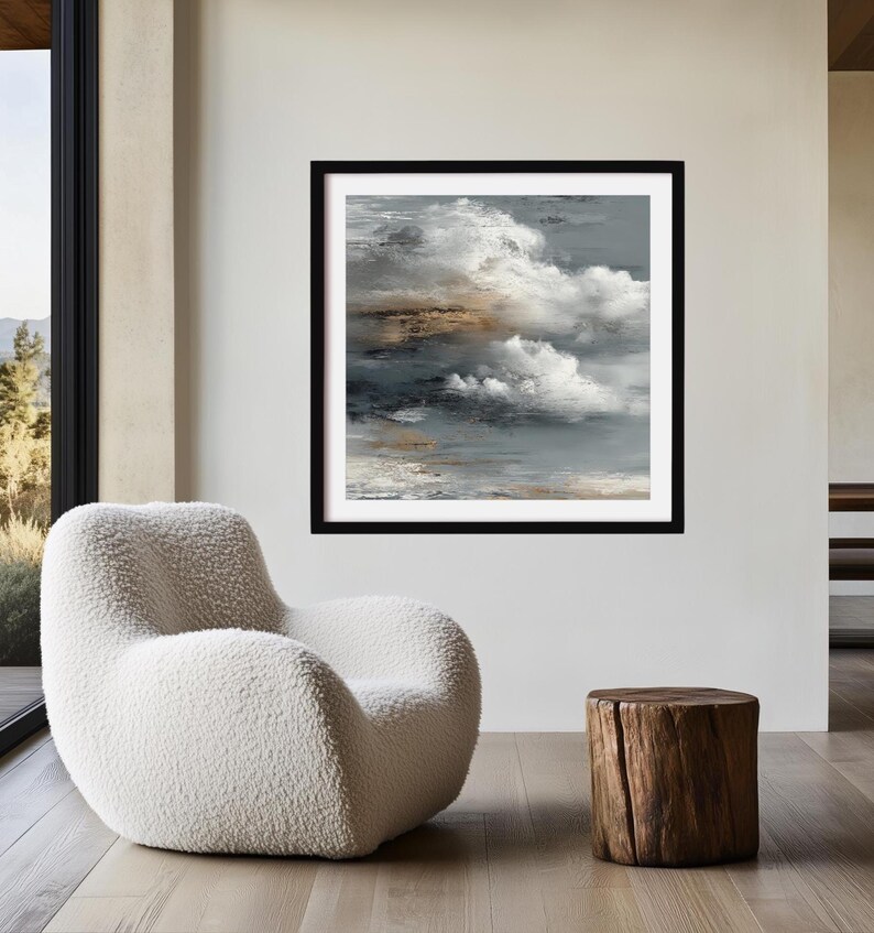 ABSTRACT No. 7. An abstract textured cloudscape canvas painting. The artwork features a blend of gray, white, and brown hues, creating a textured effect. A great compliment to any room featuring boho, japandi, wabi sabi or mid century modern styles. More timeless wall art available at gallerymwandf.etsy.com
