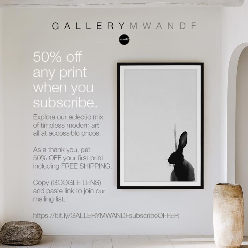May include: A framed black and white print of a rabbit silhouette. The image is displayed on a white wall with text that reads "GALLERYMWANDF" and an offer for 50% off prints when you subscribe.