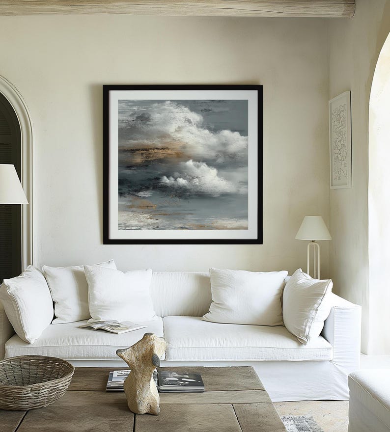 ABSTRACT No. 7. An abstract textured cloudscape canvas painting. The artwork features a blend of gray, white, and brown hues, creating a textured effect. A great compliment to any room featuring boho, japandi, wabi sabi or mid century modern styles. More timeless wall art available at gallerymwandf.etsy.com