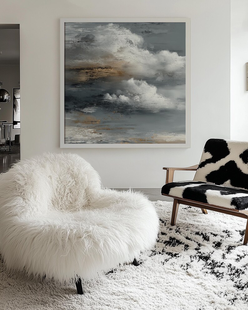 ABSTRACT No. 7. An abstract cloudscape painting in shades of steel blue, teal, white and copperThe dreamy framed canvas is a modern and elegant addition for contemporary décor. More timeless wall art available at gallerymwandf.etsy.com