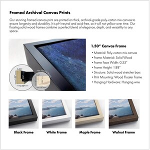 May include: Framed archival canvas prints with a 1.50" canvas frame. The image shows a close-up of a framed canvas print with a blue and white landscape. The frame is available in black, white, maple, and walnut.