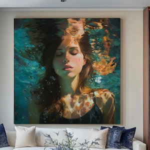 Diving oil painting diving wall art swimming girl painting blue abstract wall art diving in ocean Painting Woman Swimming Hand Canvas