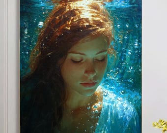 May include: A serene painting depicts a person underwater, surrounded by bubbles. The subject has long, reddish-brown hair and is wearing a light blue garment. The artwork evokes a sense of tranquility and immersion in a watery environment.