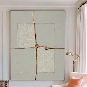 Weiße minimalistische Malerei Große Beige cremefarbene 3D-Textur Wandkunst Moderne Wabisabi Wandkunst Abstrakte beige Malerei mit goldenen Linien