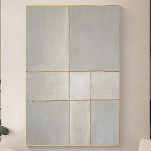 Weiße minimalistische Malerei Große Beige cremefarbene 3D-Textur Wandkunst Moderne Wabisabi Wandkunst Abstrakte beige Malerei mit goldenen Linien