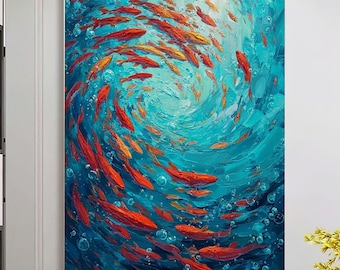 Puede incluir: Pintura abstracta de un banco de peces naranjas nadando en un patrón arremolinado dentro de un océano azul turquesa. La obra presenta pinceladas y burbujas visibles, creando un efecto texturizado.