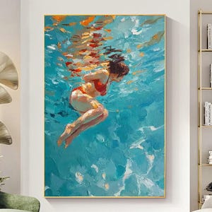 Swimming Girl Diving oil painting wall art painting blue diving abstract art diving in ocean Woman Swimming Hand Canvas Abstract ART