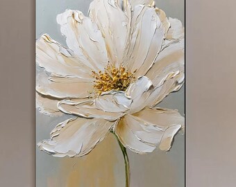 Original Yellow Flower Painting Canvas Custom Floral Framed Creamy Textured Wall Art Abstract Elegant Art Contemporary Living Room Decor