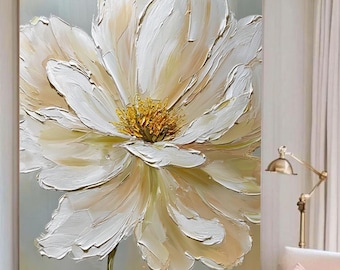 Original Yellow Flower Painting Canvas Custom Floral Framed Creamy Textured Wall Art Abstract Elegant Art Contemporary Living Room Decor