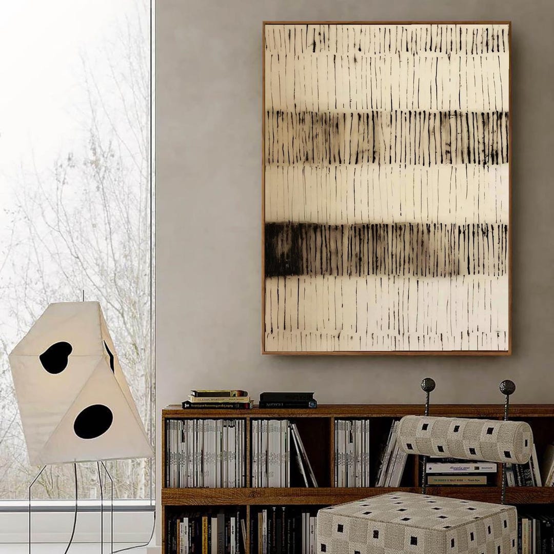 Beige & Black Abstract Minimalist Painting Wabisabi Lines Wall Art ...