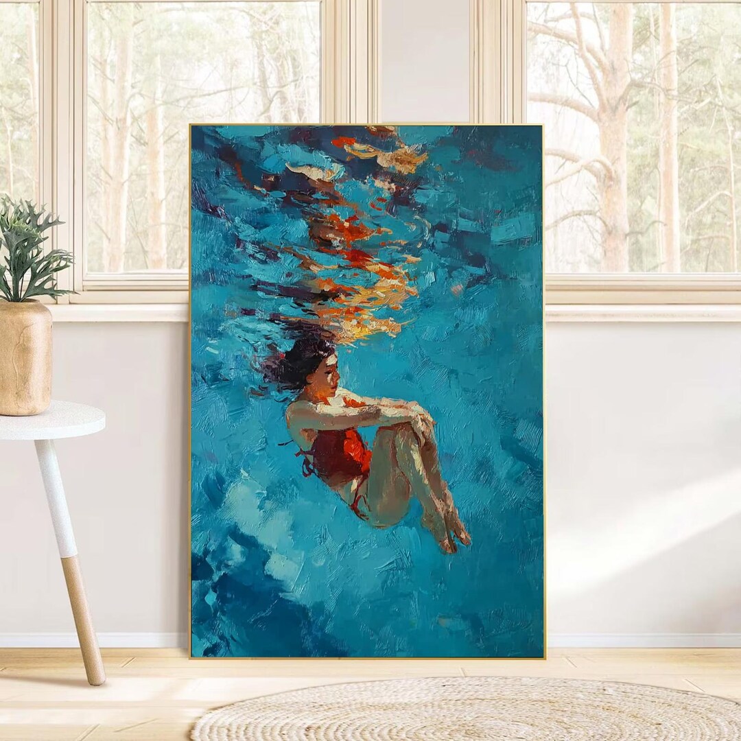 Swimming Girl Diving Oil Painting Wall Art Painting Blue Diving ...