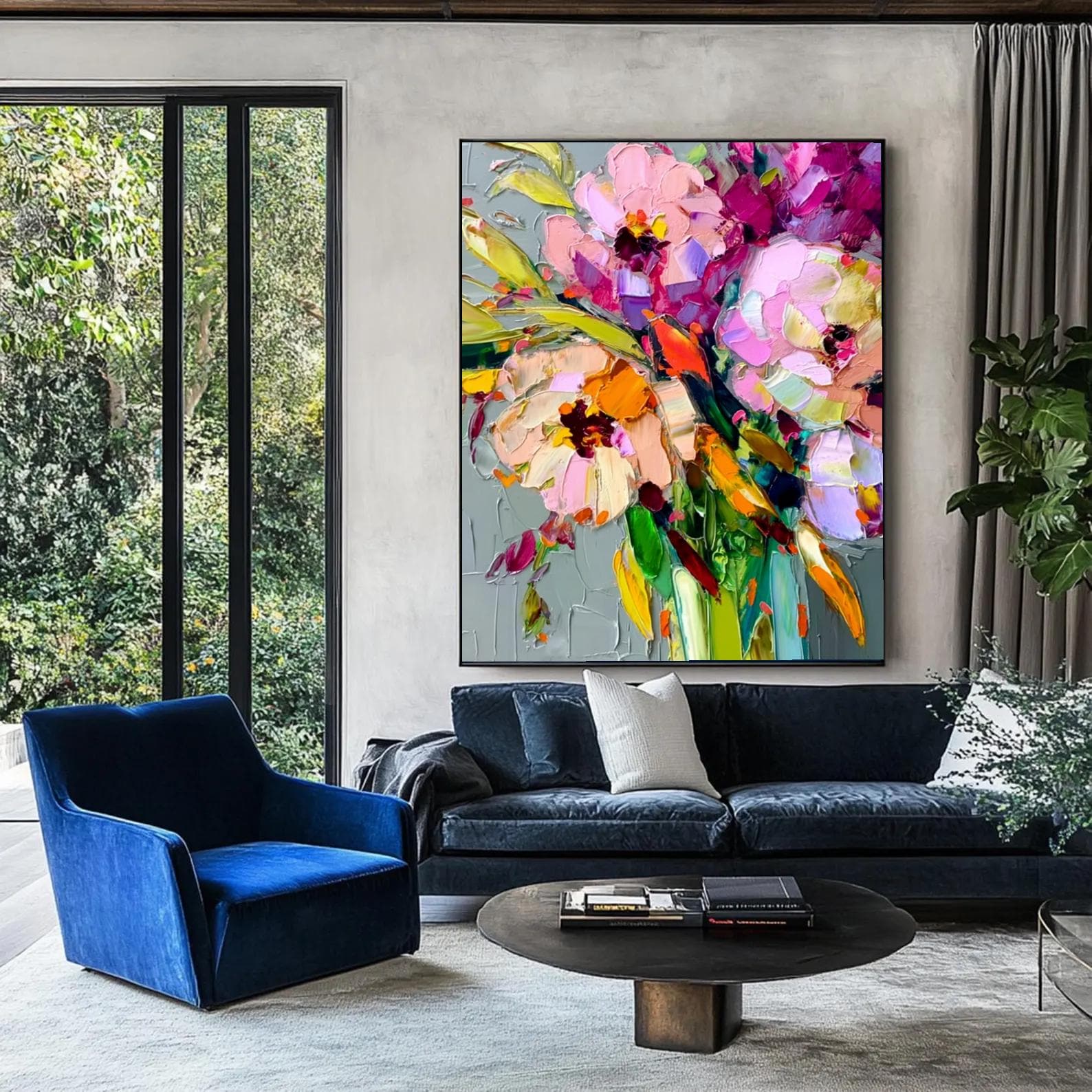 Floral Original Texture Oil Painting Blooming Flowers on Canvas ...