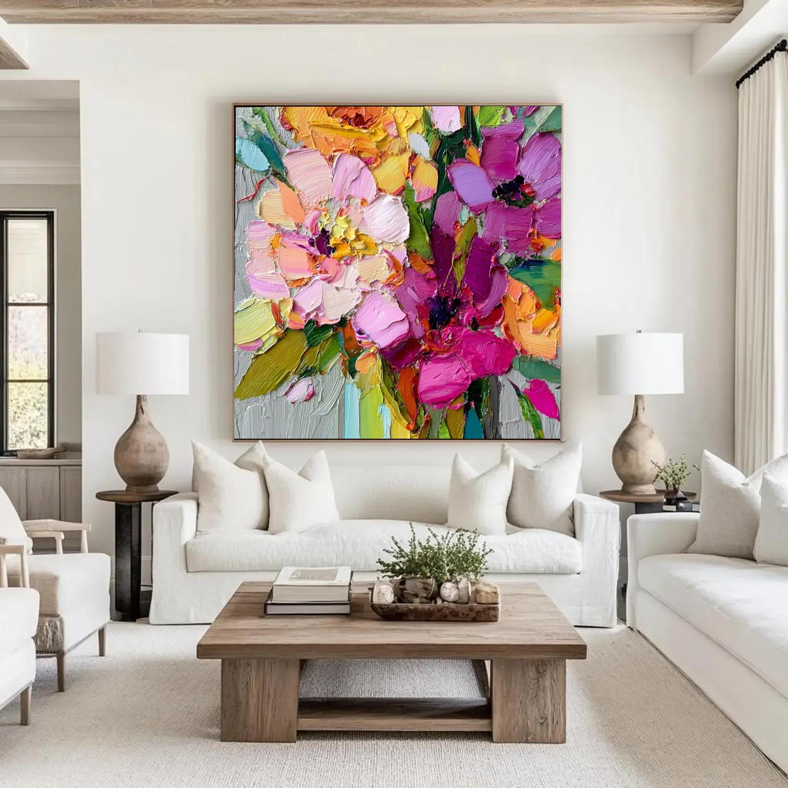 Floral Original Texture Oil Painting Blooming Flowers on Canvas ...