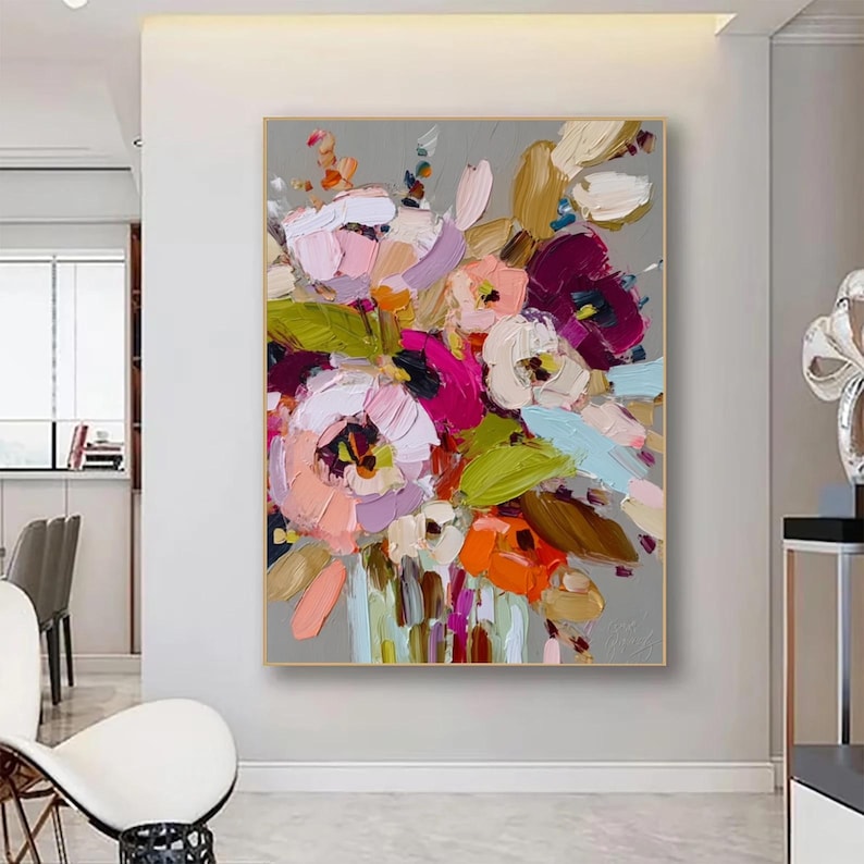 Floral Original Texture Oil Painting Blooming Flowers on Canvas ...