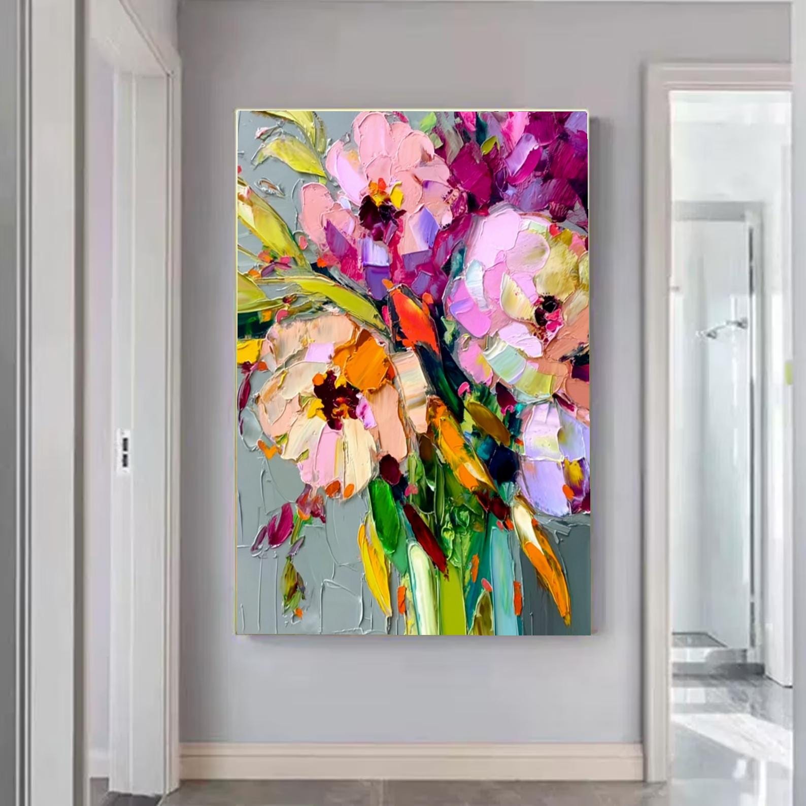 Floral Original Texture Oil Painting Blooming Flowers on Canvas ...