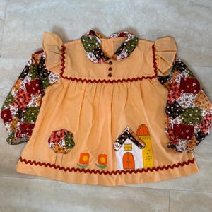 1970s Little Girls Prairie Dress: Farmhouse, mixed pattern, ric rac, size 2T