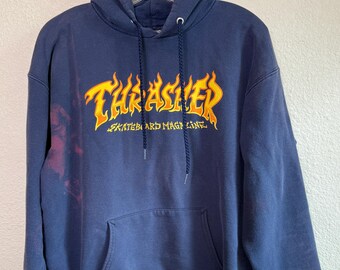 90s 00s Vintage Thrasher Skateboard Magazine Flames Navy Blue