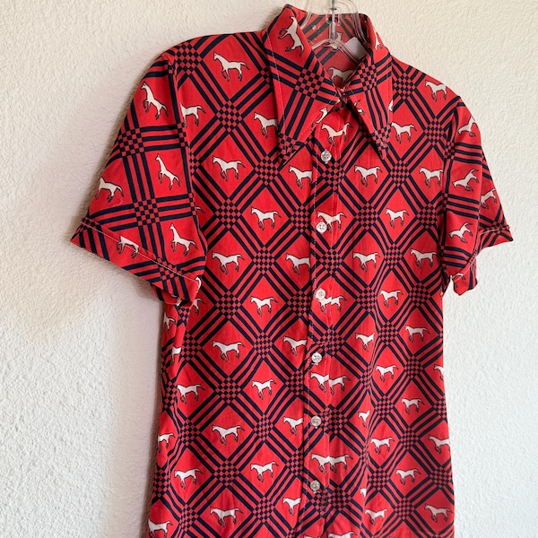 1970s PUNK ROCK Equestrian Nylon Shirt // Size Small \\ Red check w/ horses